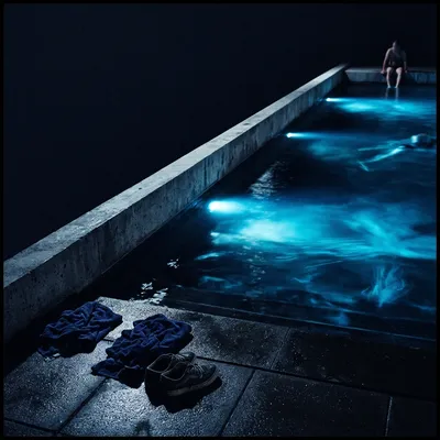 Midnight swimming pool with towels and shoes antigravity