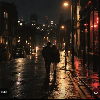 Couple walking rainy street
