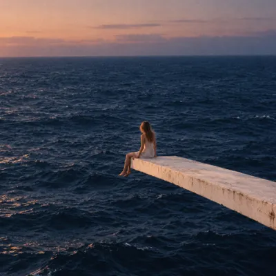 Woman on diving board at sunset