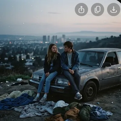 Couple on car bonnet above city
